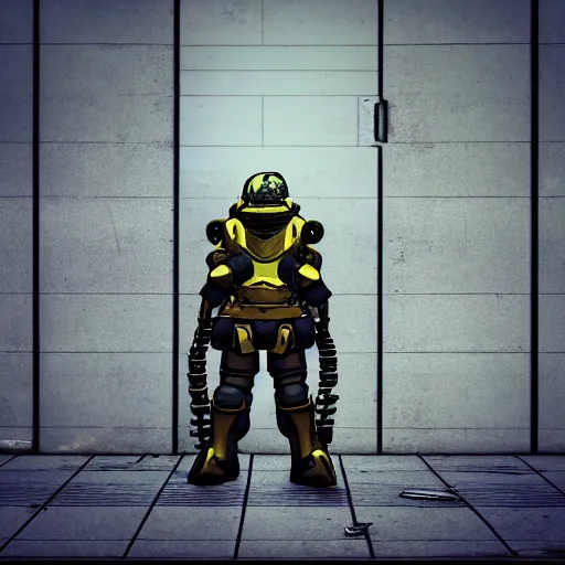 Image similar to fallout enclave fighter in power armor with a minigun in his hands stands next to the entrance to the fallout shelter, camera view isometric, post - apocalyptic, 3 d prerender, realism