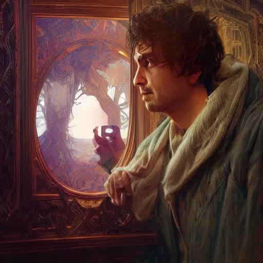 Image similar to selfportrait of a madman looking at his soul in the mirror, portrait, intricate, detailed, volumetric lighting, scenery, digital painting, highly detailed, artstation, sharp focus, illustration, artstation, art by artgerm and greg rutkowski and alphonse mucha