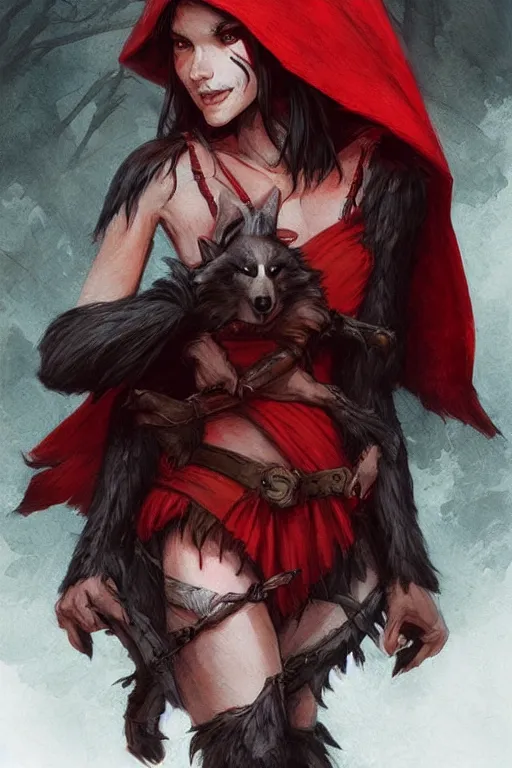 Image similar to amazon red riding hood holding wolf head, d & d, fantasy, highly detailed, headshot, digital painting, trending on artstation, concept art, sharp focus, illustration, art by artgerm and greg rutkowski and magali villeneuve