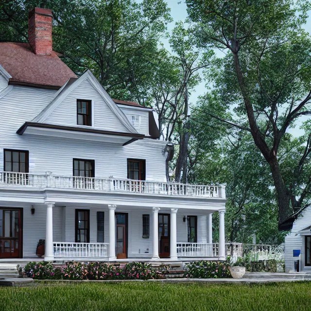 Image similar to modern new england colonial house with a round blue door, brick cape house, realistic, unreal engine render, octane render, hyper realistic, photo, 8 k