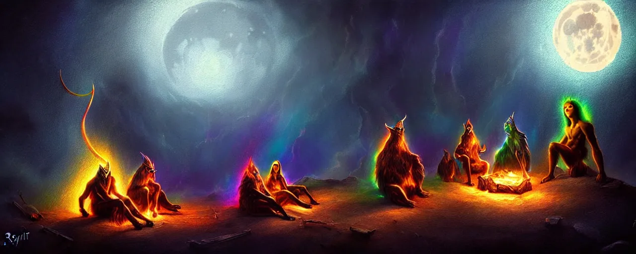 Image similar to uncanny!!! bifrost!!! mythical beasts of sitting around a fire under a full moon at bifrost, surreal dark uncanny painting by ronny khalil