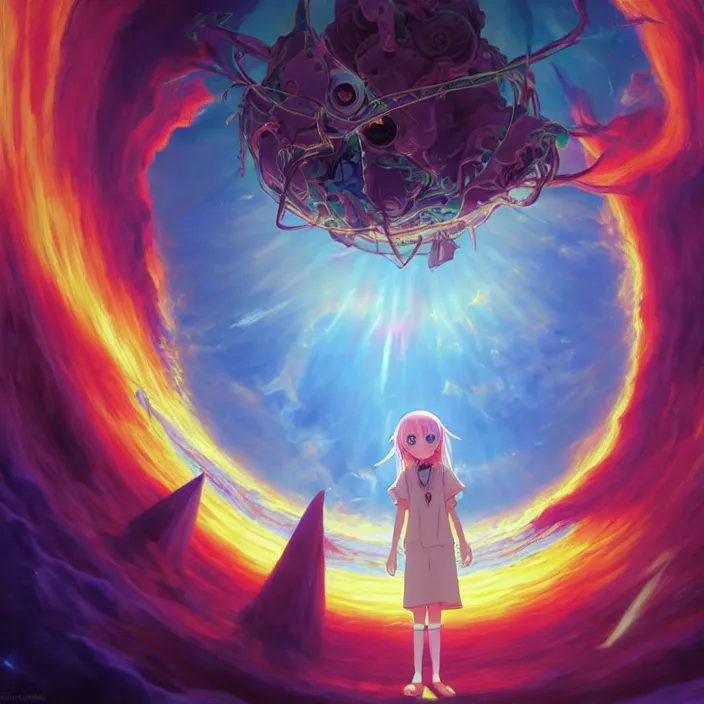 Image similar to Mayer Re-l, Schwi Dola No Game No Life Zero, Eye of Providence, official anime key media, close up of Iwakura Lain, LSD Dream Emulator, paranoiascape ps1, official anime key media, painting by Vladimir Volegov, beksinski and dan mumford, giygas, technological rings, johfra bosschart, Leviathan awakening from Japan in a Radially Symmetric Alien Megastructure turbulent bismuth glitchart, Atmospheric Cinematic Environmental & Architectural Design Concept Art by Tom Bagshaw Jana Schirmer Jared Exposure to Cyannic Energy, Darksouls Concept art by Finnian Macmanus