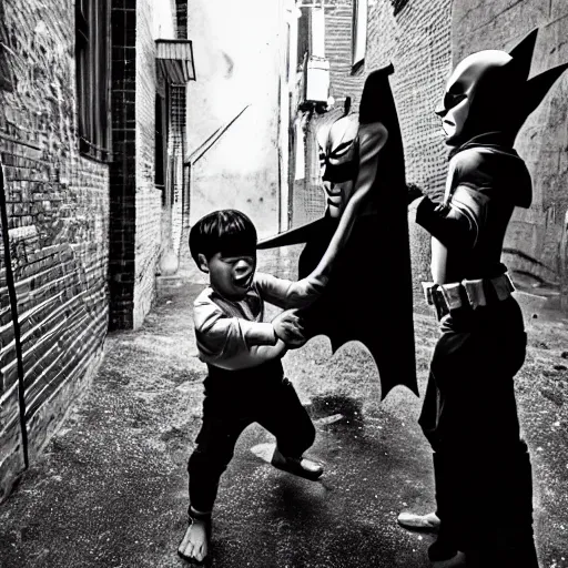 Image similar to batman beating up crying children in an alleyway caught on camera, photography, canon