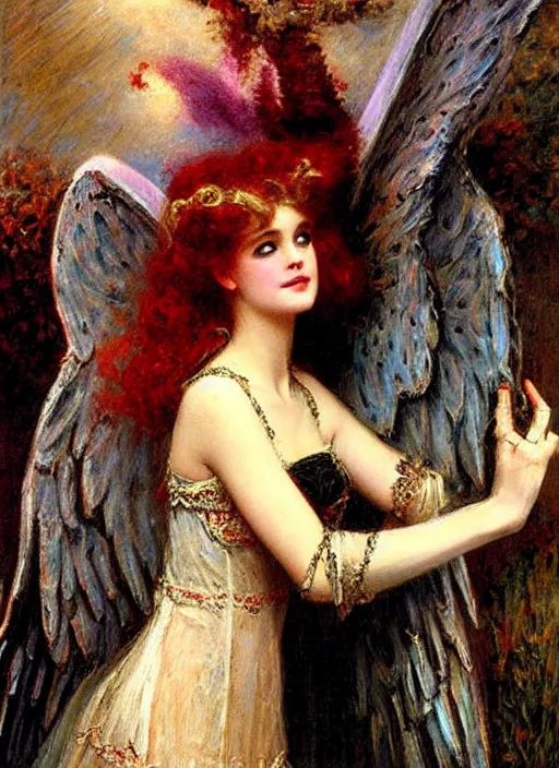 Image similar to angel knight gothic girl, baroque dress. by gaston bussiere