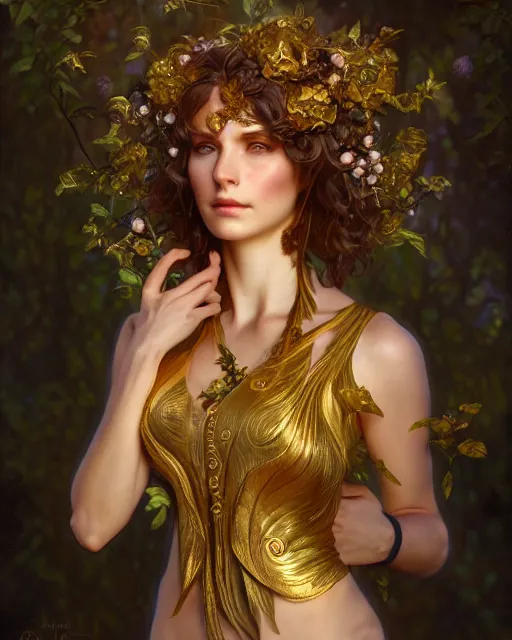 Image similar to dryad, perfect face, gold waistcoat, cinematic, stunning, highly detailed, digital painting, artstation, smooth, hard focus, illustration, art by artgerm and greg rutkowski and alphonse mucha