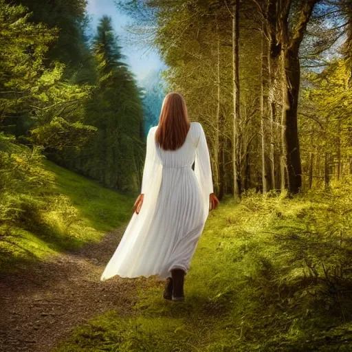 Image similar to The radiant lady Galadriel walking in a beautiful field in a forest, mountains in the distance, medium shot, confident, gorgeous, stunning, detailed, very realistic