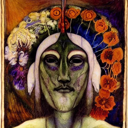 Prompt: masterpiece painting of a dark flower shaman, by annie swynnerton and jean delville and diego rivera and evelyn de morgan, facemask made of flowers, art brut, outsider art, symbolist, dramatic lighting, god rays, elaborate geometric ornament, clean crisp graphics, smooth sharp focus, extremely detailed, adolf wolfli