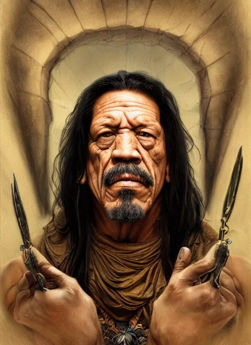 Prompt: Portrait of Danny Trejo, cloak, male, fantasy, extremely detailed, digital painting, artstation, concept art, smooth, sharp focus, illustration, stunning lighting, art by artgerm and greg rutkowski and alphonse mucha and simon stalenhag, realistic character concept, high fantasy, dark atmosphere, golden ratio, cinematic lighting, hyperdetailed, high resolution, insanely detailed and intricate, artstation, Marc Simonetti, Greg Rutkowski, 8k