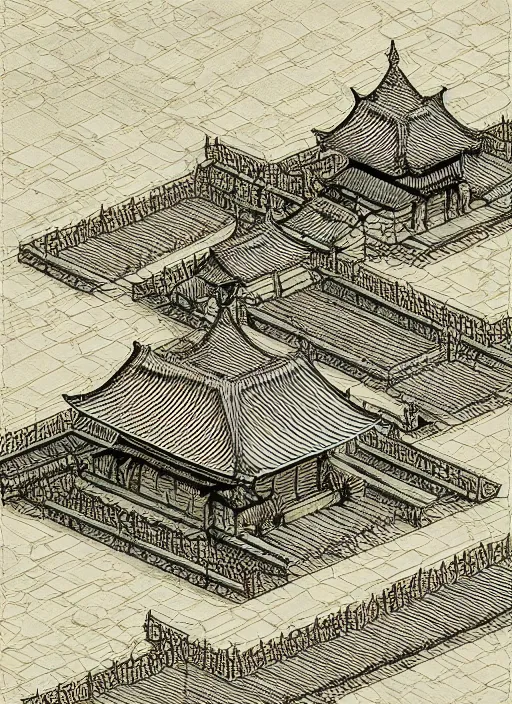 Prompt: bamboo temple by Leonardo de Vinci, isometric