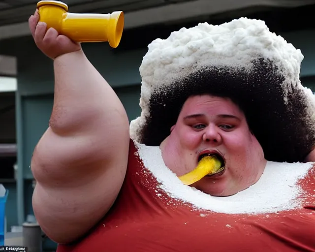 Prompt: Obese fan with an afro eating as much flour and oil humanly possible, he weighs 900 pounds and is drinking oil from a pitcher