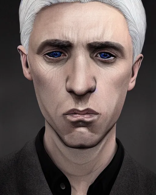 Image similar to portrait of 4 0 - year - old man with white hair with a pale complexion, pointed face and grey eyes, malfoy, clear smooth face, no beard, wearing all black clothes, haughty facial expression, hyper realistic face, beautiful eyes, character art, art by mark brooks, hyperdetailed, cryengine, trending on artstation, digital art