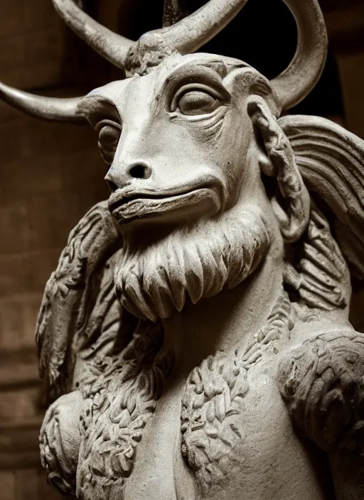 Prompt: closeup portrait of baphomet in the cloisters, depth of field, zeiss lens, detailed, symmetrical, centered, fashion photoshoot, by Annie Leibovitz and Steve McCurry, David Lazar, Jimmy Nelsson, Breathtaking, 8k resolution, extremely detailed, beautiful, establishing shot, artistic, hyperrealistic, beautiful face, octane render