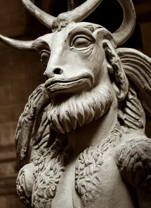 Image similar to closeup portrait of baphomet in the cloisters, depth of field, zeiss lens, detailed, symmetrical, centered, fashion photoshoot, by Annie Leibovitz and Steve McCurry, David Lazar, Jimmy Nelsson, Breathtaking, 8k resolution, extremely detailed, beautiful, establishing shot, artistic, hyperrealistic, beautiful face, octane render