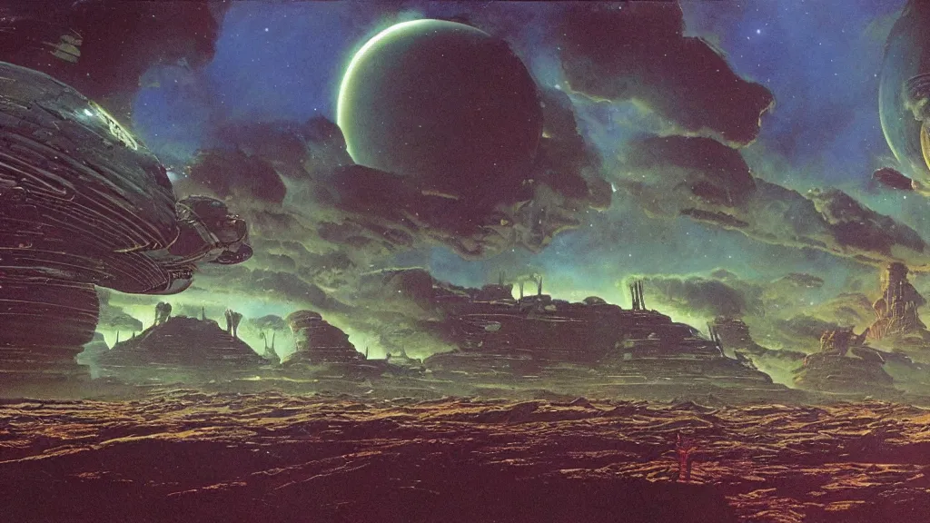 Image similar to eerie atmospheric alien planet empire by angus mckie and bob eggleton and chris moore, epic cinematic matte painting