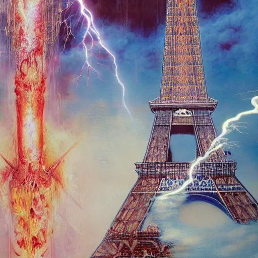 Prompt: realistic detailed image of a lightning strike, Eiffel Tower, by Ayami Kojima, Amano, Karol Bak, Greg Hildebrandt, and Mark Brooks, Neo-Gothic, gothic, rich deep colors. Beksinski painting, part by Adrian Ghenie and Gerhard Richter. art by Takato Yamamoto. masterpiece