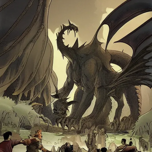 Prompt: A beautiful computer art of a large, dragon-like creature with sharp teeth, talons, and a long tail. The creature is looming over a small group of people who appear to be in distress. ecru by Matthias Grünewald, by Tomer Hanuka ordered