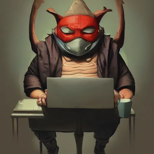 Image similar to a insanely detailed painting of a fat masked superhero wearing a costume sitting at a desk, staring at the nervously at the computer and clicking on the mouse, in the style of peter mohrbacher, dramatic lighting and composition, trending on artstation, concept art, comic book