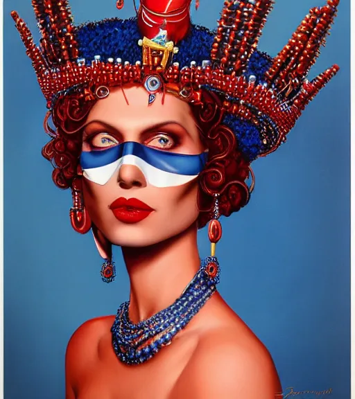 Prompt: an 8 0's airbrush portrait of a woman with dark blue eye shadow and red lips with dark slicked back hair, a mask of beads and jewels hanging from a crown by serge lutens, rolf armstrong, delphin enjolras, peter elson, background of classic red cloth
