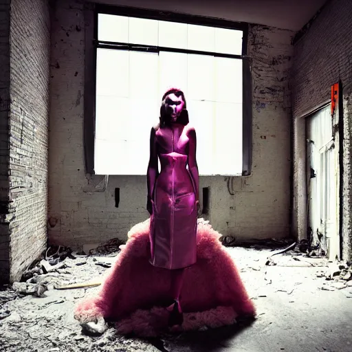 Image similar to medium format photograph of a surreal fashion shoot in an abandoned building, camera flash