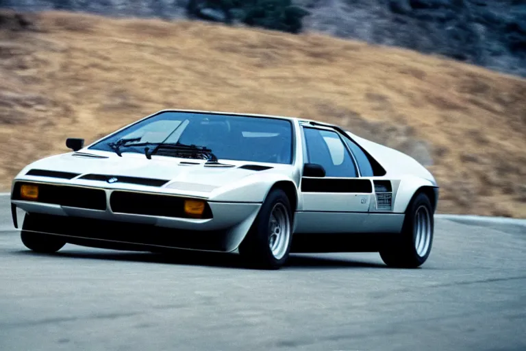 Image similar to BMW M1 Lamborghini LP400, movie still, speed, cinematic Eastman 5384 film