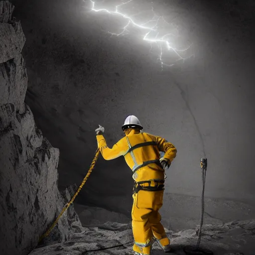 Prompt: rope access technician, extreme cold, cloudy weather, octane render, volumetric lightning, hyperrealistic, cgi, - q 2, 8 k