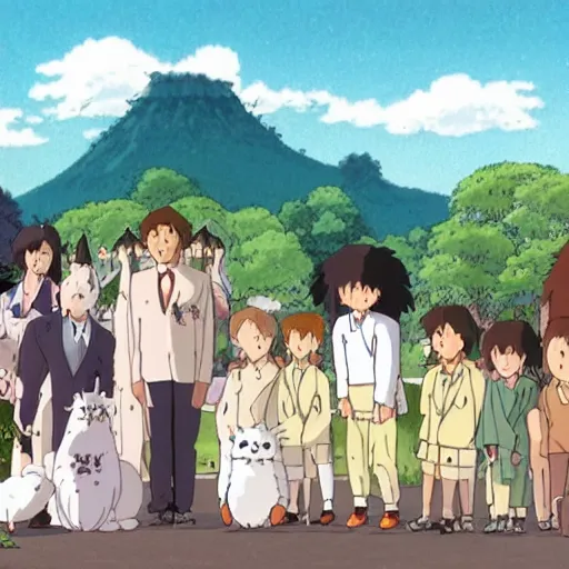 Image similar to STUDIO GHIBLI | an animal wedding at the farm, happy antropomorphic animals wearing wedding suits and robes, extended family, outside, mountain background, by Studio Ghibli, still picture, perfect movie shot, animation masterpiece, composition, framing, happy, hopeful, nostalgic