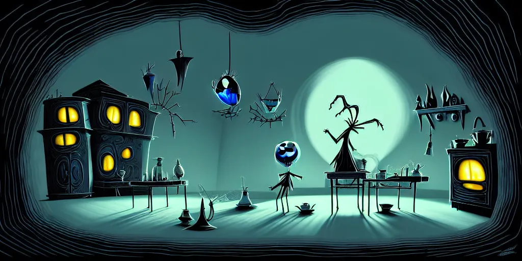 Image similar to curved perspective digital art of a dark kitchen from tim burtons nightmare before christmas by petros afshar