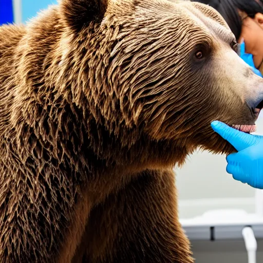 Prompt: a brown bear in dental treatment