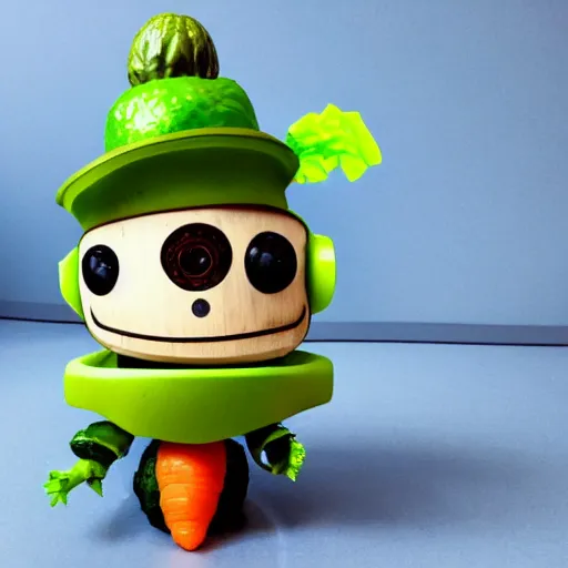 Image similar to little happy robot made of vegetables with big avocado hat and a carrot sword, made in abyss style