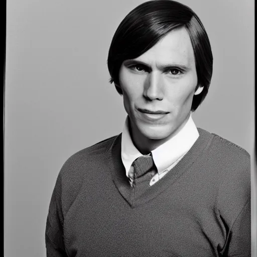 Image similar to A photograph portrait of Jerma985 with short-medium length hair a combover wearing early 1970s menswear in the early 1970s, taken in the early 1970s, grainy, taken on a 1970s Polaroid Camera, realistic, hyperrealistic, very realistic, highly detailed, very detailed, extremely detailed, detailed, digital art, trending on artstation, colorized photo