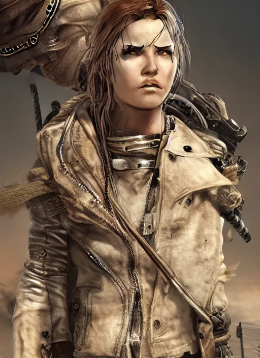 Image similar to full body portrait of female mad max in full intricate clothing, beautiful face, ultra detailed, octane render, 4K, dystopian, micro details