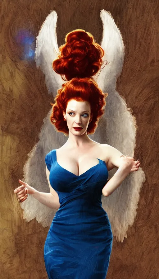 Image similar to Angel, perfectly-centered-painting of young Christina Hendricks in Mad Men looking at the camera, hands behind her back, sweaty, dynamic action pose, insane, intricate, highly detailed, digital painting, artstation, concept art, smooth, sharp focus, illustration, Unreal Engine 5, 8K, art by artgerm and greg rutkowski and alphonse mucha