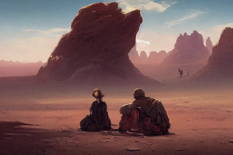 Image similar to a highly detailed epic cinematic concept art CG render digital painting artwork: lonely wanderer in desert, sitting on a lap. By Greg Rutkowski, in the style of Francis Bacon and Syd Mead and Norman Rockwell and Beksinski, open ceiling, highly detailed, painted by Francis Bacon and Edward Hopper, painted by James Gilleard, surrealism, airbrush, Ilya Kuvshinov, WLOP, Stanley Artgerm, very coherent, triadic color scheme, art by Takato Yamamoto and James Jean