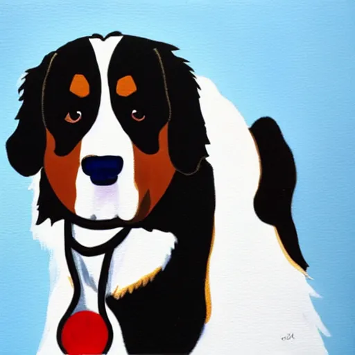 Image similar to an oil painting of a bernese mountain dog dressed in doctor's lab coat with a stethoscope around his neck, high quality