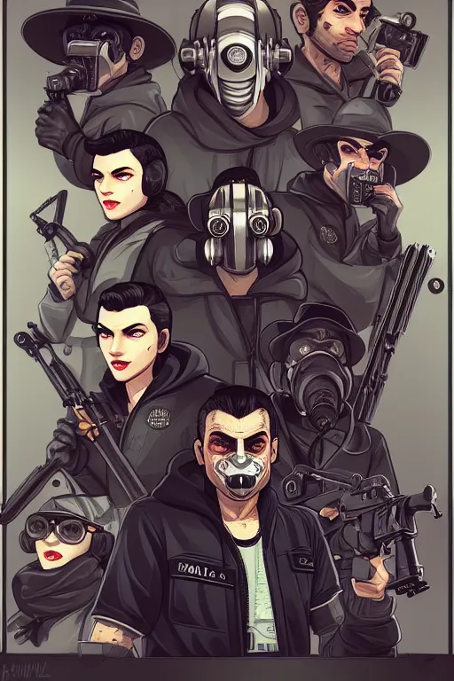 Image similar to 8 k hd wolf gangs use gray bandana, riffle, some of them use gask mask, gray hoodie, group photos, pop art, pixel, bioshock art style, gta chinatown art style, 8 k uhd character details, 8 k uhd art by artgerm richard hamilton and mimmo rottela