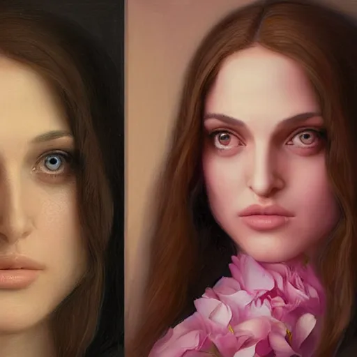 Image similar to the professional, pink petals with a a bored natalie portman mixed with mona lisa, intricate, elegant, highly detailed, wonderful eyes, sweet, digital painting, artstation, concept art, smooth, sharp focus, illustration, art by artgerm and greg rutkowski and concept art, rectilinear vaporwave