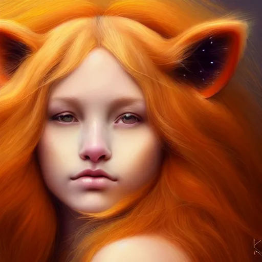 Image similar to Portrait of a girl angel with pale orange colored frizzy strands of illuminated hair, cat ears on her head, glowing halo, Lion's Mane, Lion's Gate, 8/8, fantasy, intricate, elegant, highly detailed, digital painting, artstation, concept art, smooth, sharp focus, illustration, art by Krenz Cushart and Artem Demura and alphonse mucha