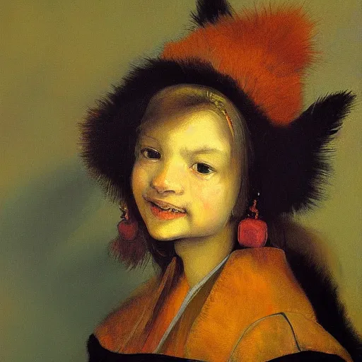 Prompt: foxgirl , oil painting by Rembrandt