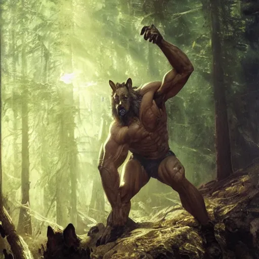 Prompt: handsome portrait of a werewolf bodybuilder posing, radiant light, caustics, war hero, surrounded by forest, by gaston bussiere, bayard wu, greg rutkowski, giger, maxim verehin