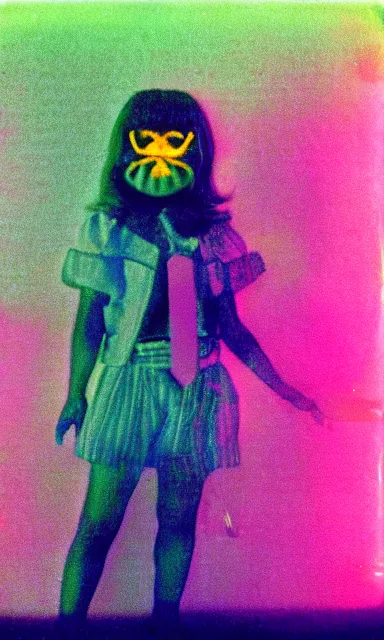 Prompt: colorful chromatic abberation, 9 0 s toy commercial, photo from the 7 0 s, horror lighting, neon lighting, polaroid photo,