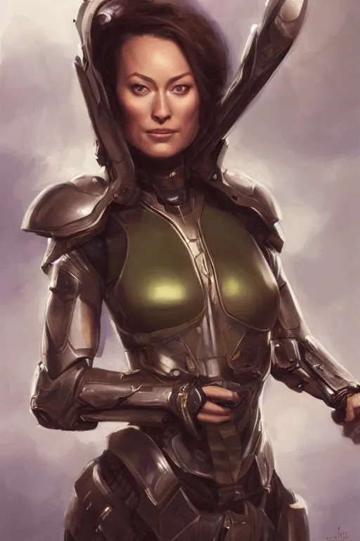 Image similar to a professional painting of a young Olivia Wilde, clothes in military armor, olive skin, long dark hair, beautiful bone structure, symmetrical facial features, intricate, elegant, digital painting, concept art, smooth, sharp focus, illustration, from StarCraft by Ruan Jia and Mandy Jurgens and Artgerm and William-Adolphe Bouguerea