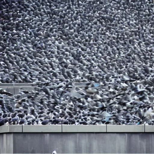 Prompt: “a woman wearing a dress that is turning into a flock of pigeons, standing on the roof of an urban building in NYC, fashion photography, photorealistic, bloom lighting”