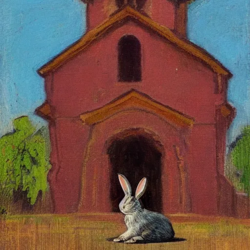 Prompt: a rabbit sitting in front of an old wooden russian church, in the style of ilya repin