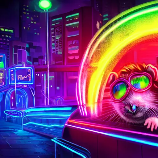 Prompt: hamster with rainbow fur in a cyberpunk city with bright neon lights, 8 k, hd, light reflection