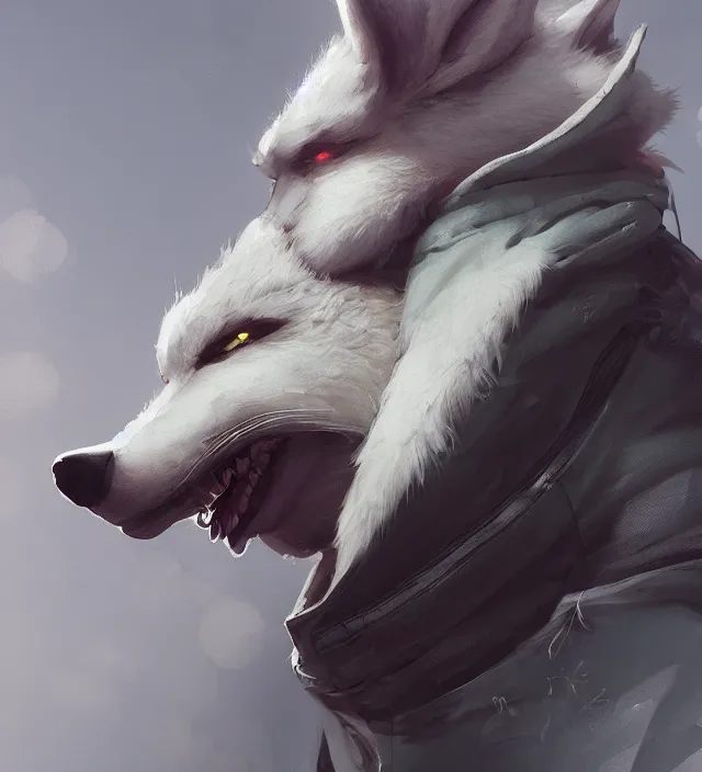 Image similar to a beautiful portrait of a handsome male anthropomorph white wolf furry fursona wearing a hoodie. character design by cory loftis, fenghua zhong, ryohei hase, ismail inceoglu and ruan jia. artstation, volumetric light, detailed, photorealistic, rendered in octane