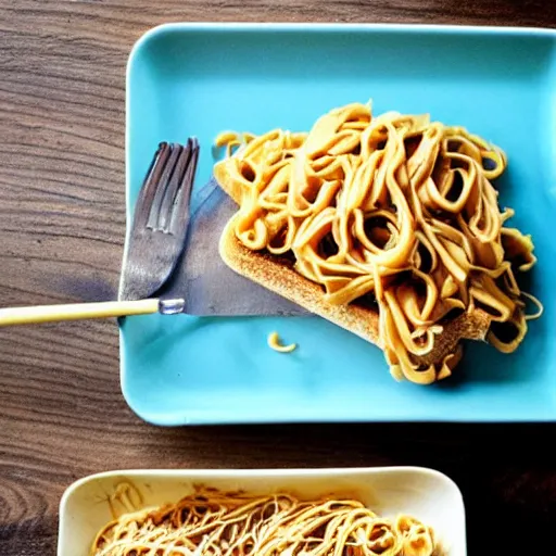 Prompt: peanut butter and noodles on toast fat tabby cat watching over the peanut butter and noodles on toast gourmet include all three things dammit