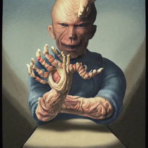 Image similar to portrait of mutant with horn in form of hand, anime, transplanted hand to head, surgery, bump in form of hand, growth on head, hippo