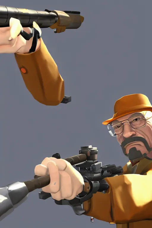 Image similar to Walter White in Team Fortress 2 firing a minigun, in the style of TF2, Gameplay