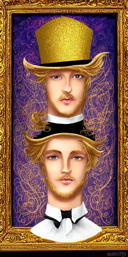 Image similar to beautiful detailed acrylic painting mystical mentalist man, has blond hair and a top hat. Wearing embroidered noble clothes. Heterochroma eyes. A small book with gold filigree in hand. Renaissance. Fantasy.