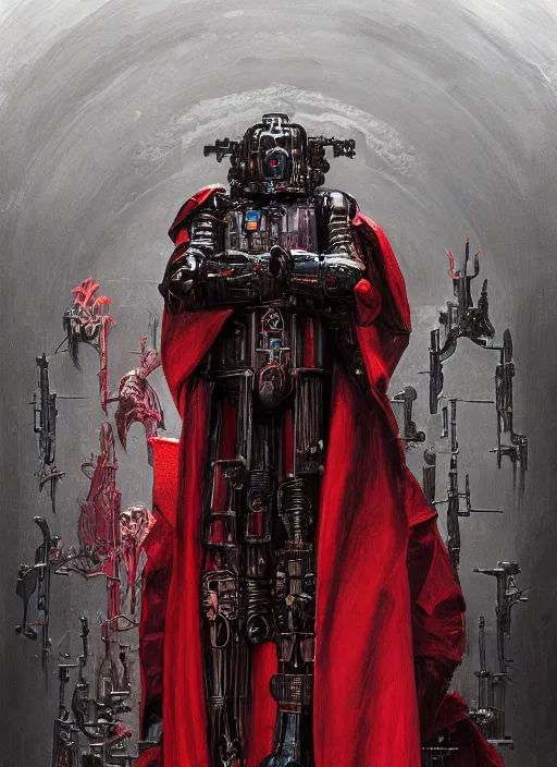 Image similar to portrait of human face adeptus mechanicus in red hood and robe from Warhammer 40000. Highly detailed, artstation, illustration by and John Blanche and zdislav beksinski and wayne barlowe